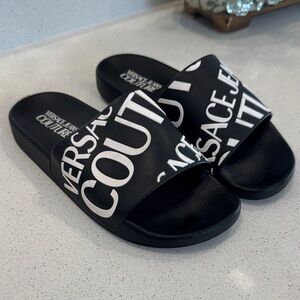 Versace Black and White Logo Slide Sandals